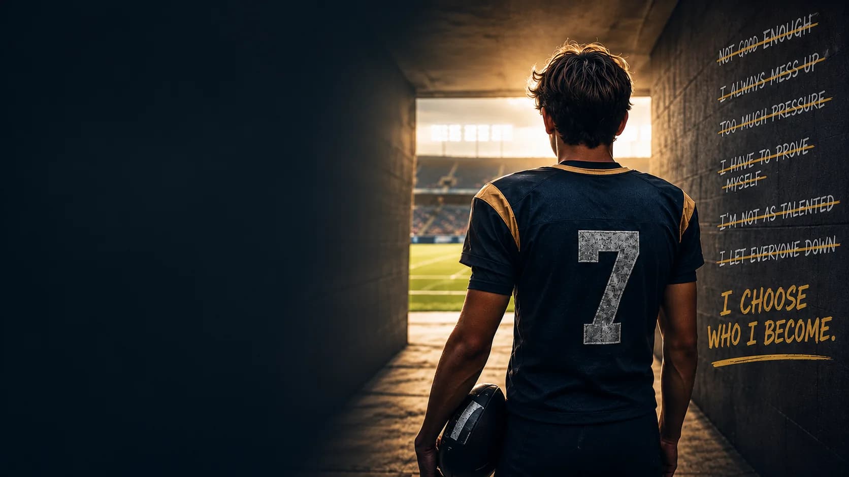 Athlete in jersey number 7 walking out of a stadium tunnel