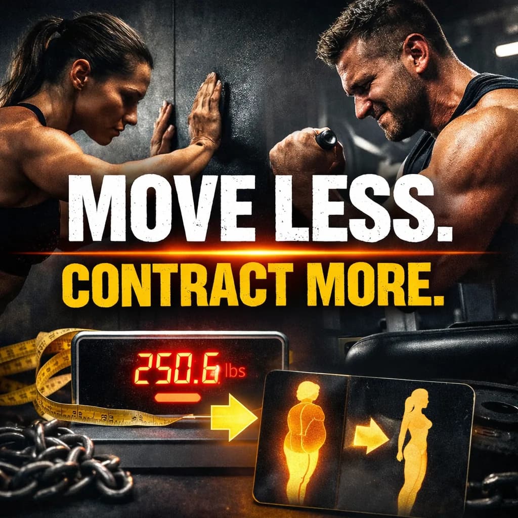 Man and woman performing isometric holds with “Move Less. Contract More.” weight loss message.
