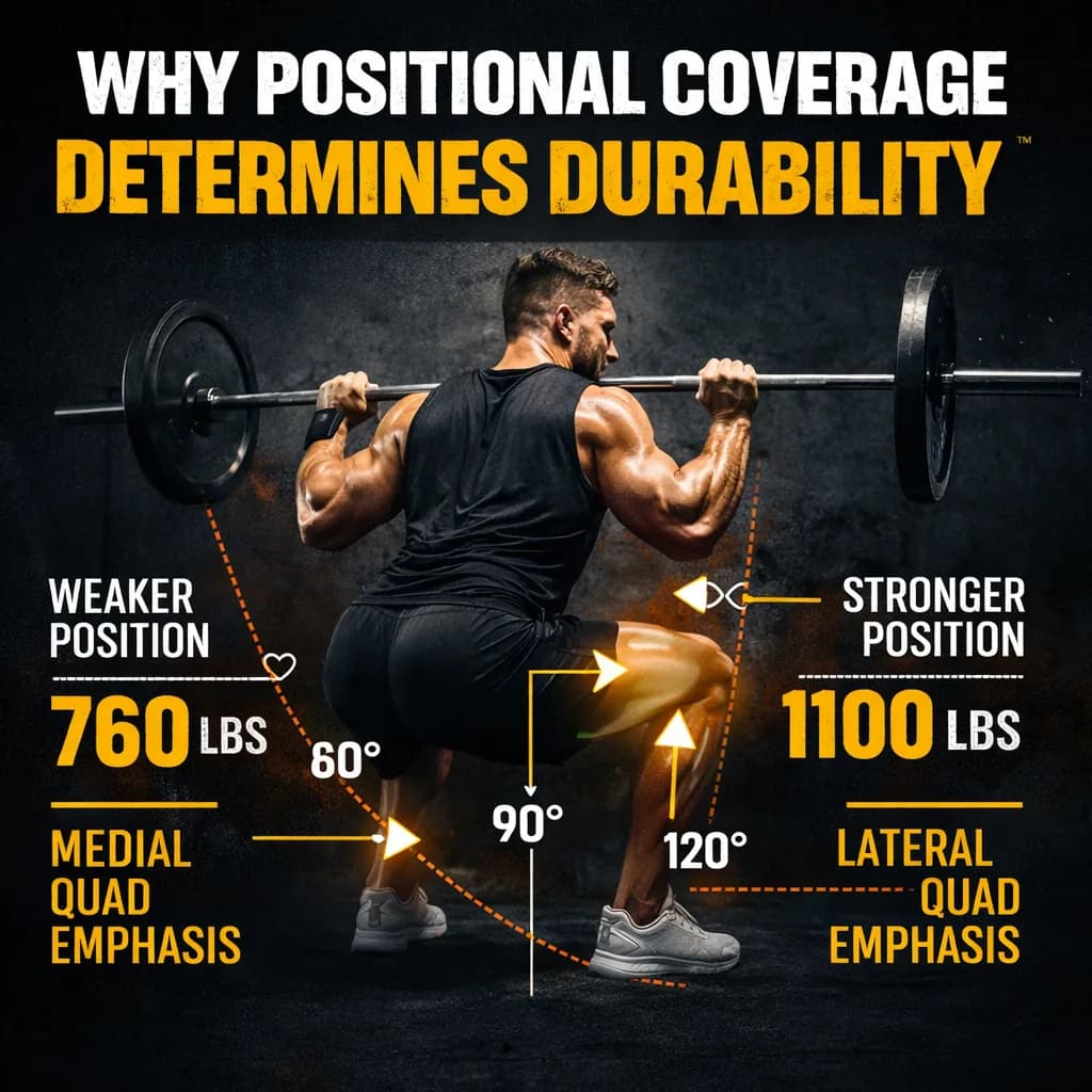 Athlete squatting with chart showing strength differences at multiple joint angles.